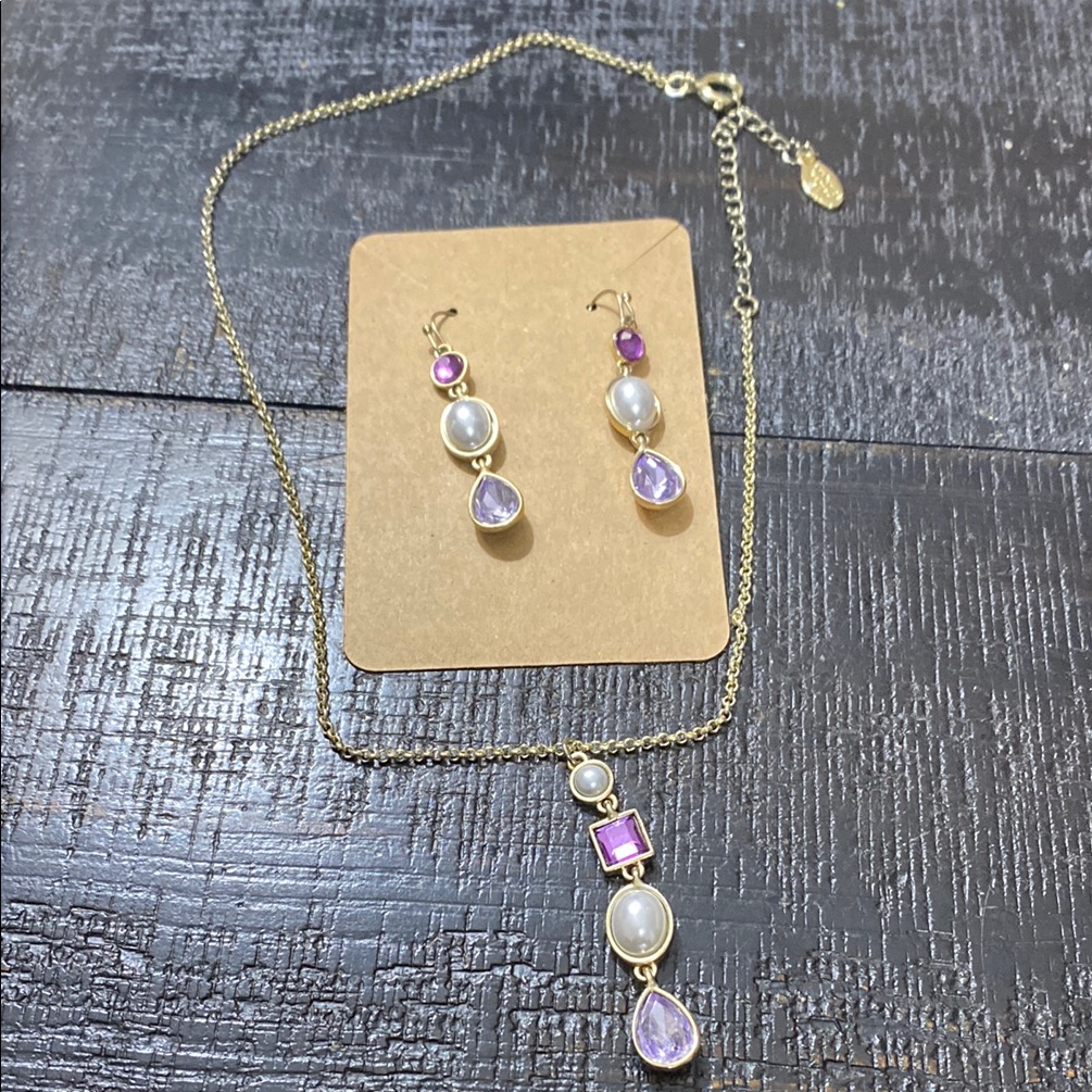 Ann Taylor Factory Gold-Tone Pearl And Purple Stone Drop Necklace & Earrings Set